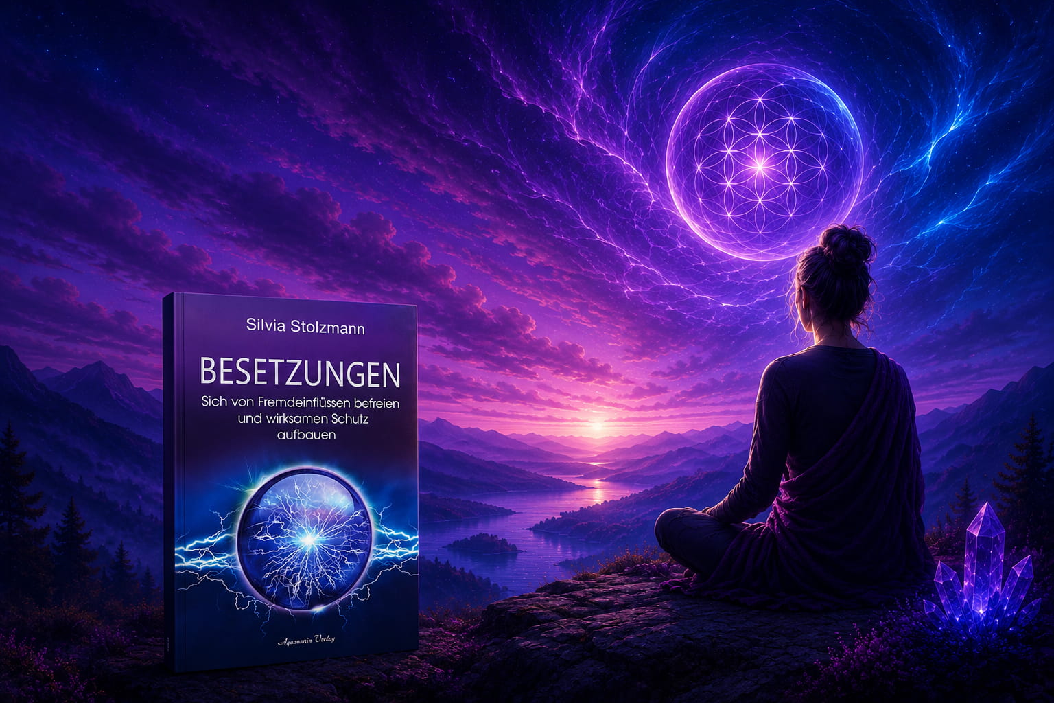 Adrianus Licht-Energie-Kugel – spirituelle Landschaft mit meditierender Person und energetischer Lichtkugel
